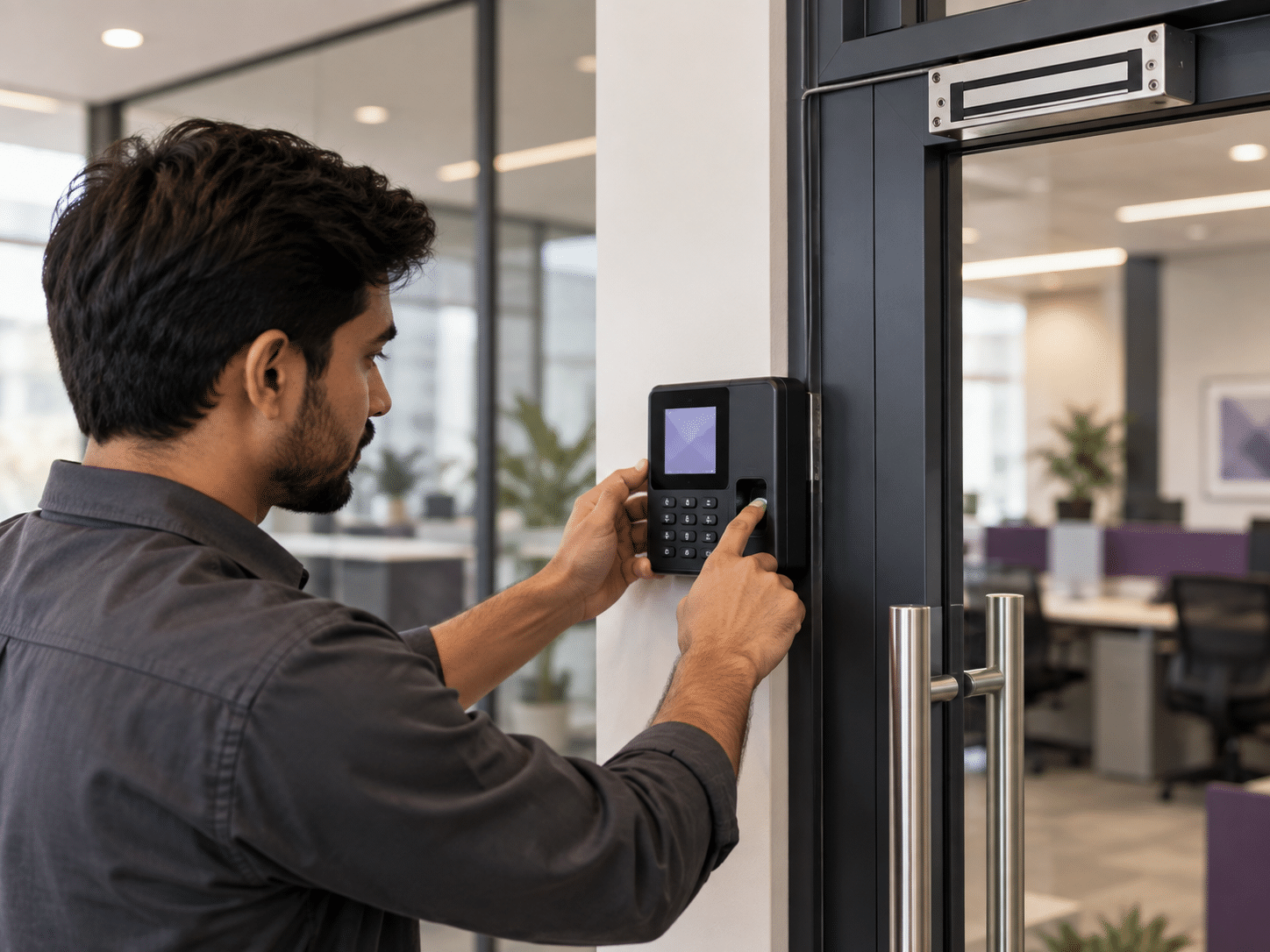 Illustration of biometric access control in a modern office