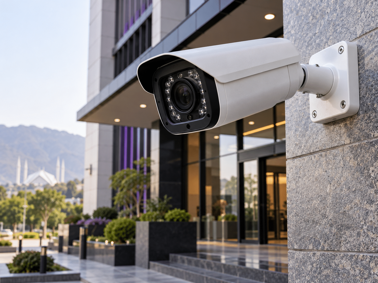 Bullet CCTV security camera at a modern entrance