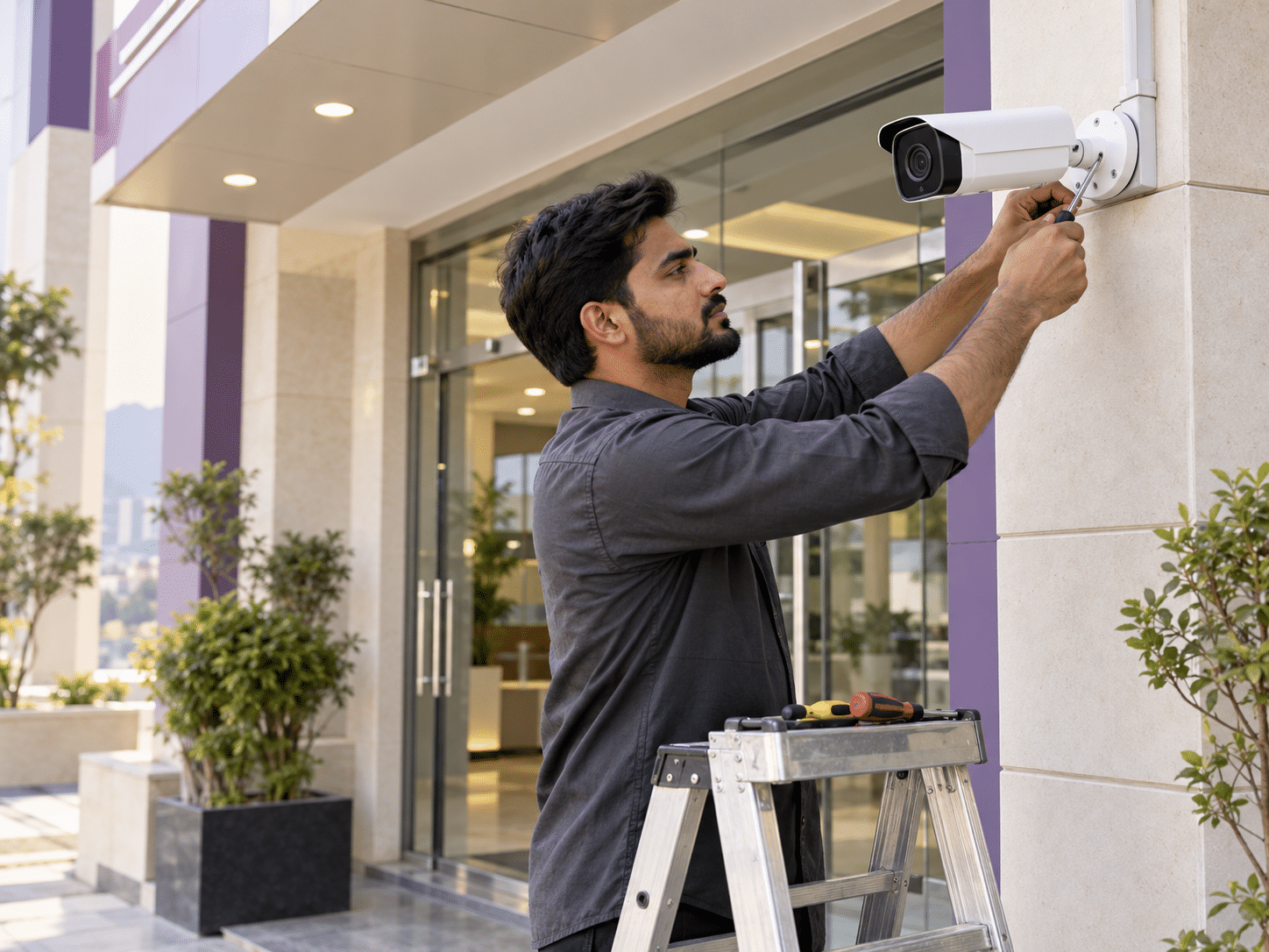 Illustration of CCTV camera installation at a modern entrance