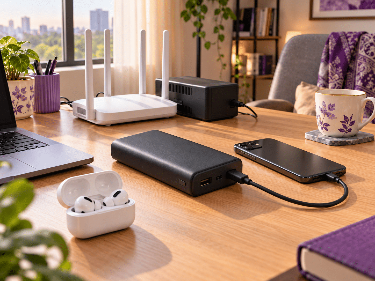 Everyday technology accessories in a home workspace