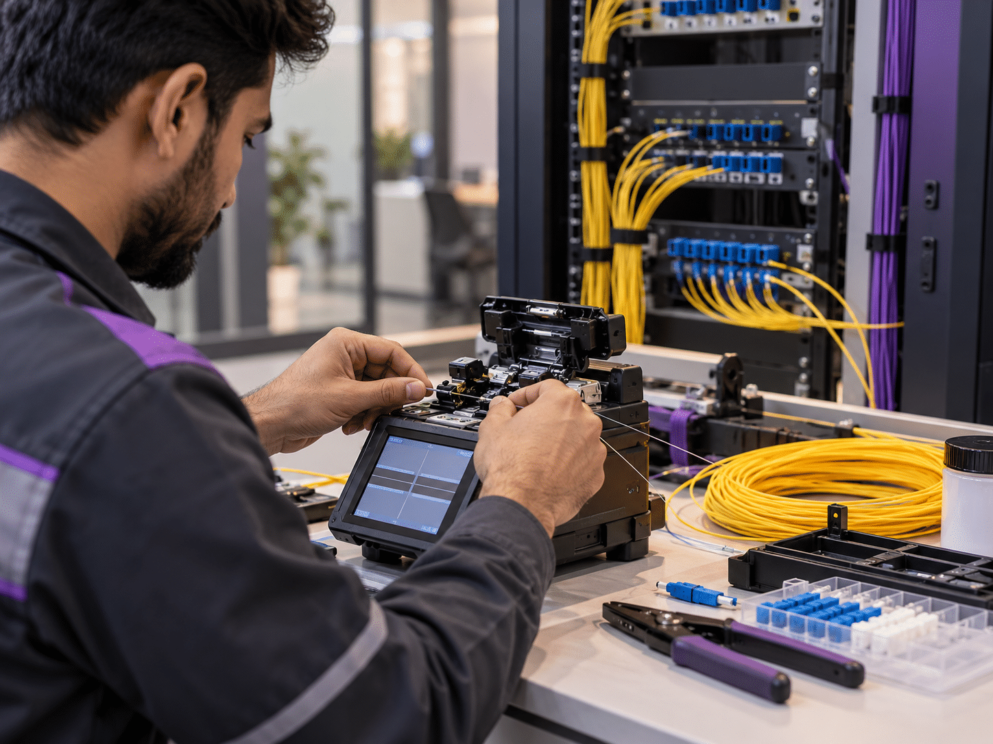 Technician preparing a fiber optic connection