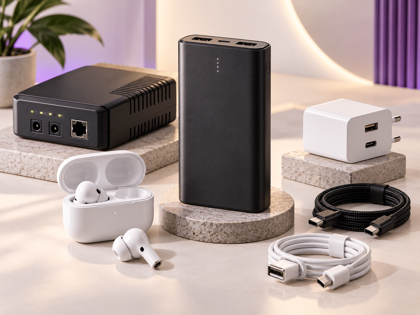 Power bank, wireless earbuds and everyday technology accessories